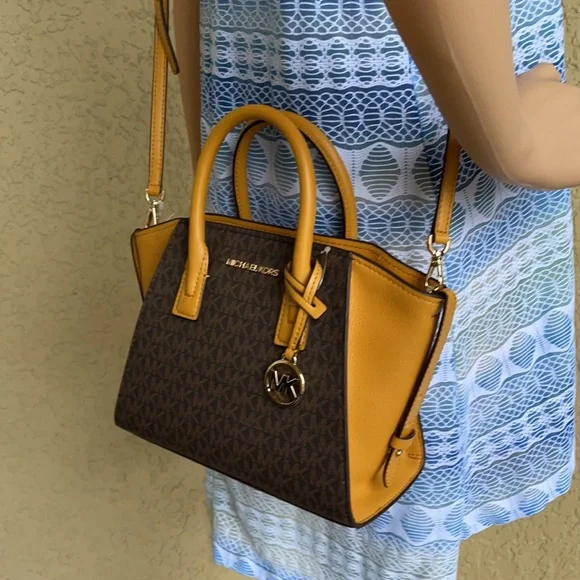 Michael Kors Avril Small Marigold Signature PVC Top Zip Satchel Crossbody Bag - Picture 10 of 16